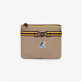 Le Vrai 3.0 Claude, Beige Taupe packable jacket pouch with a striped strap and black buckle on a white background by K-Way.