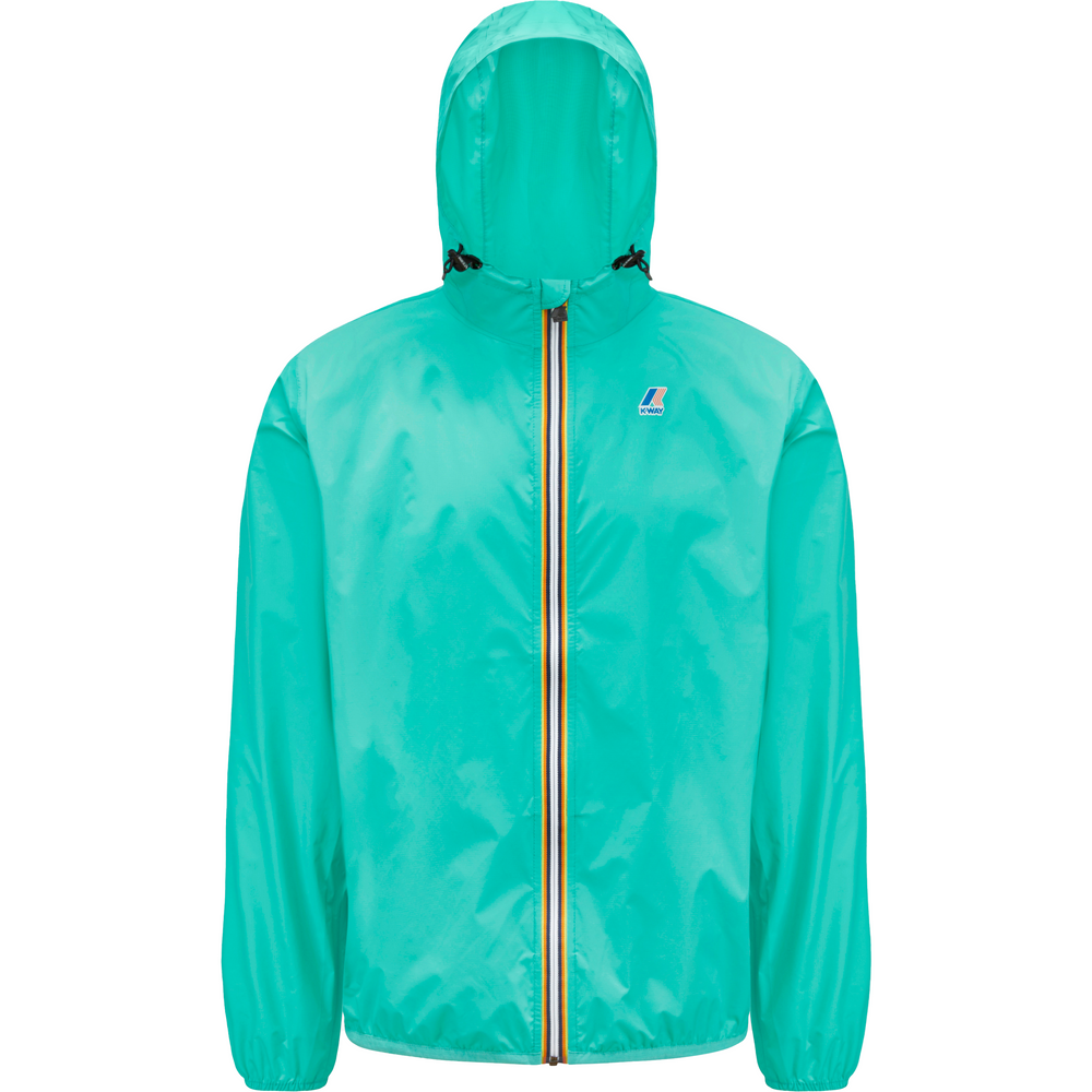 A turquoise unisex jacket featuring a hood, front zipper, and small logo on the chest. Crafted from ripstop fabric, this packable waterproof rain jacket is designed for durability and convenience. Le Vrai 3.0 Claude by K-Way in Green Marine adds a stylish touch to your outerwear collection.