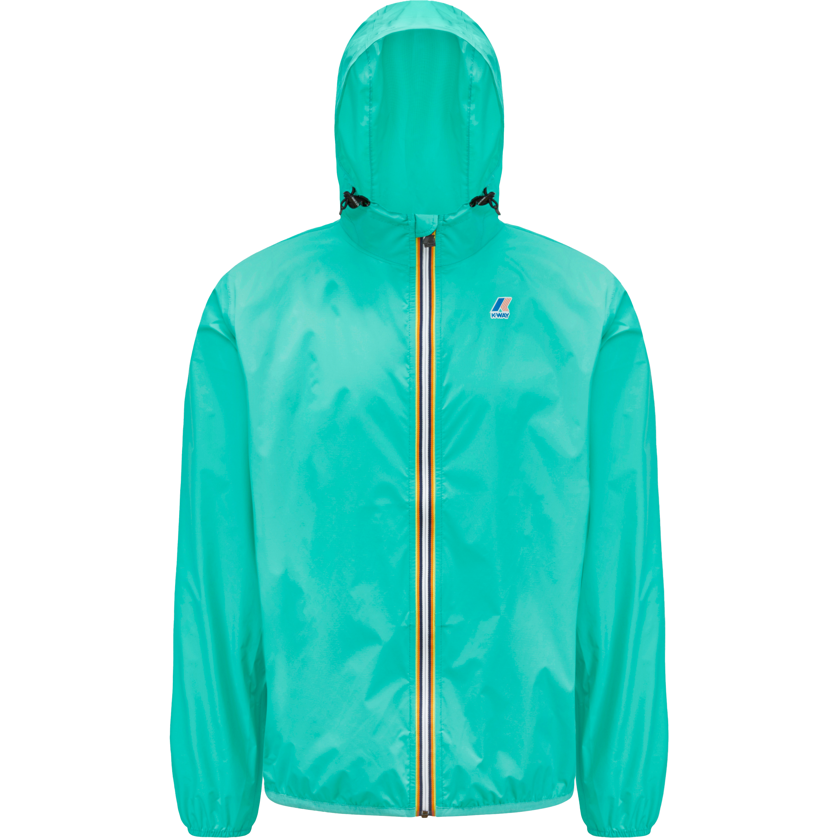 A turquoise unisex jacket featuring a hood, front zipper, and small logo on the chest. Crafted from ripstop fabric, this packable waterproof rain jacket is designed for durability and convenience. Le Vrai 3.0 Claude by K-Way in Green Marine adds a stylish touch to your outerwear collection.