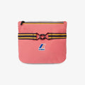 The K-Way Le Vrai 3.0 Claude in Pink MD features a durable ripstop fabric, a black strap with yellow and blue stripes, and a central black buckle.