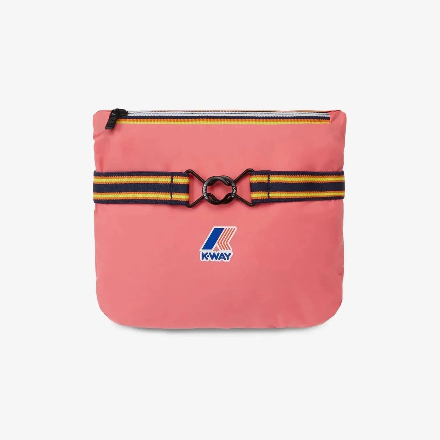 The K-Way Le Vrai 3.0 Claude in Pink MD features a durable ripstop fabric, a black strap with yellow and blue stripes, and a central black buckle.