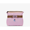 Pink K-Way Le Vrai 3.0 Claude waterproof crossbody pouch with a front strap featuring a metal clip and multicolor striped accents, set against a white background.