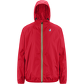 A red hooded, packable jacket with a front zipper, featuring a small logo on the upper left chest area. This is the Le Vrai 3.0 Claude, Red by K-Way.