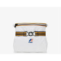 A white K-Way Le Vrai 3.0 Claude, White bag with a zip closure and a black, orange, and yellow striped strap across the front with a buckle, perfect for packing your windproof and waterproof jacket.