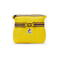 Le Vrai 3.0 Claude, Yellow DK with a striped belt and a buckle, featuring a zipper at the top and the K-Way logo on the front. This packable waterproof accessory ensures your essentials stay dry in style.