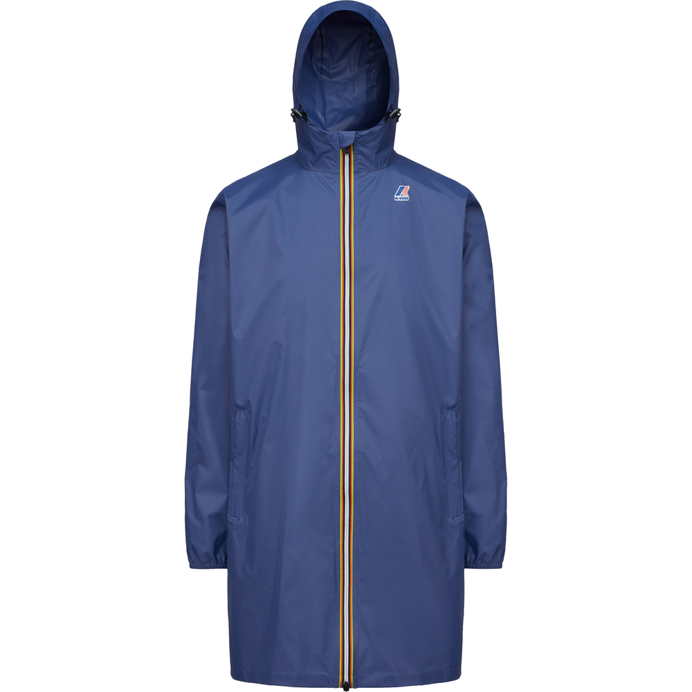 A blue, knee-length unisex raincoat with a hood, featuring a yellow zippered front closure and packable construction from K-Way called the Le Vrai 3.0 Eiffel, Blue Indigo.