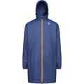 A blue, knee-length unisex raincoat with a hood, featuring a yellow zippered front closure and packable construction from K-Way called the Le Vrai 3.0 Eiffel, Blue Indigo.