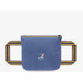 A blue Le Vrai 3.0 Eiffel, Blue Indigo fanny pack by K-Way with a zippered compartment, featuring a logo and a strap with yellow and blue stripes, designed with waterproof ripstop material.