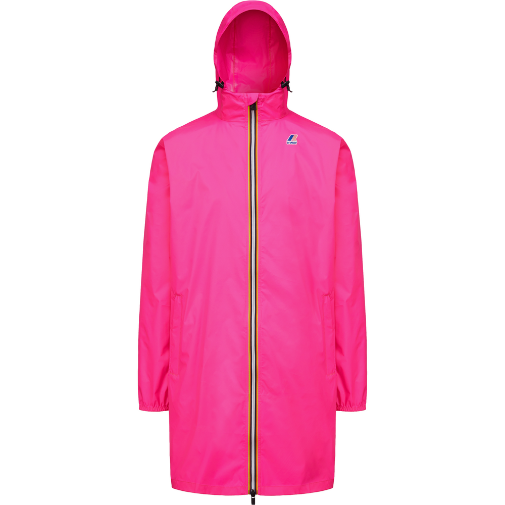 Bright pink unisex raincoat with a full-length zipper and elastic cuffs, displayed on a plain white background. Made from durable ripstop fabric, it features a small logo on the left chest and boasts packable construction for easy storage, the K-Way Le Vrai 3.0 Eiffel in Pink Intense Fluro is perfect for any weather condition.