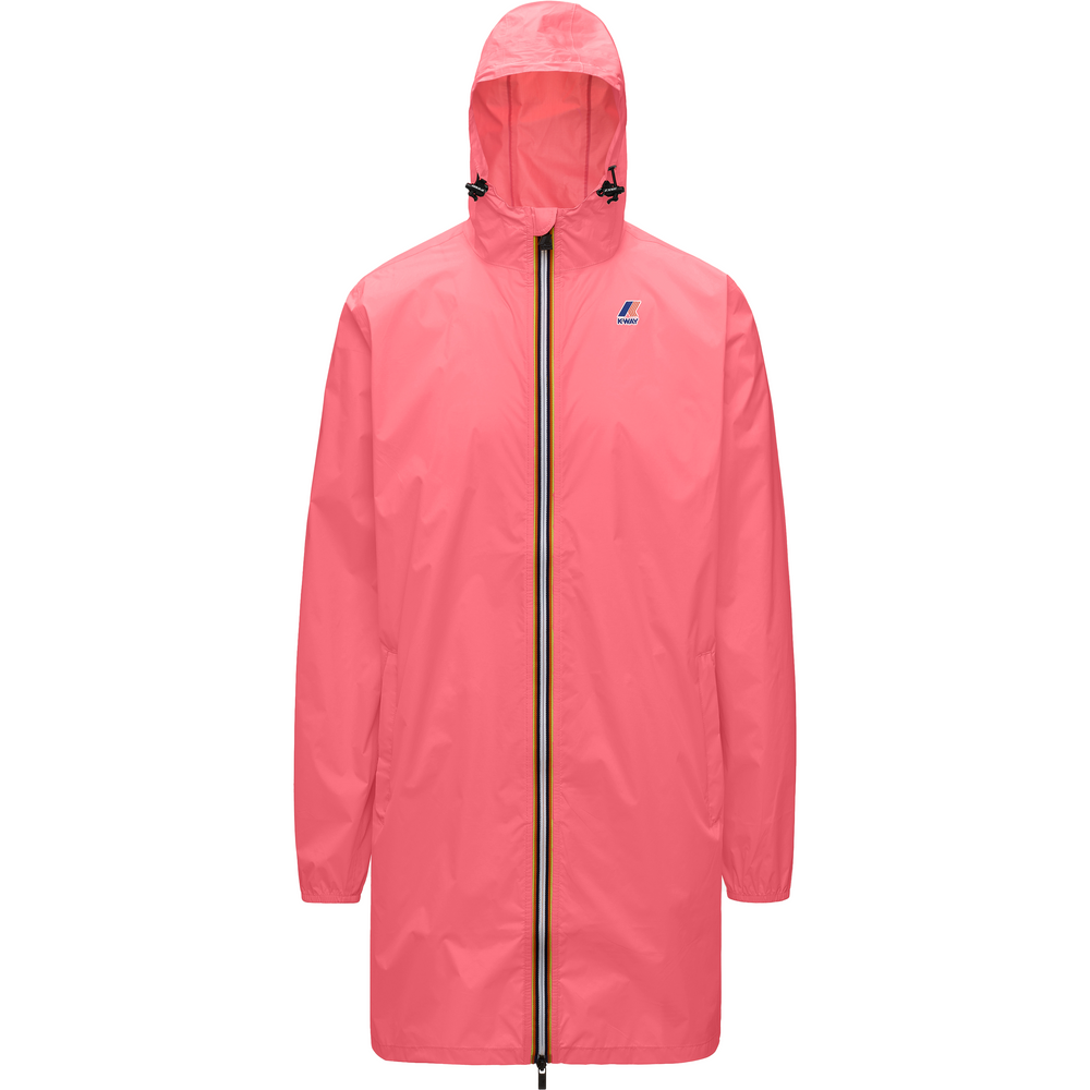 A long pink, packable raincoat with a hood, front zipper, and two pull cords: the K-Way Le Vrai 3.0 Eiffel, Pink MD.