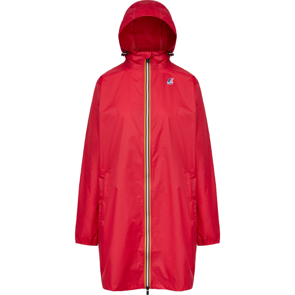 Le Vrai 3.0 Eiffel, Red Cherry rain jacket with a hood, front zipper, a small logo on the chest, and waterproof capabilities by K-Way. This packable raincoat is perfect for unexpected showers.