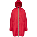 Le Vrai 3.0 Eiffel, Red Cherry rain jacket with a hood, front zipper, a small logo on the chest, and waterproof capabilities by K-Way. This packable raincoat is perfect for unexpected showers.