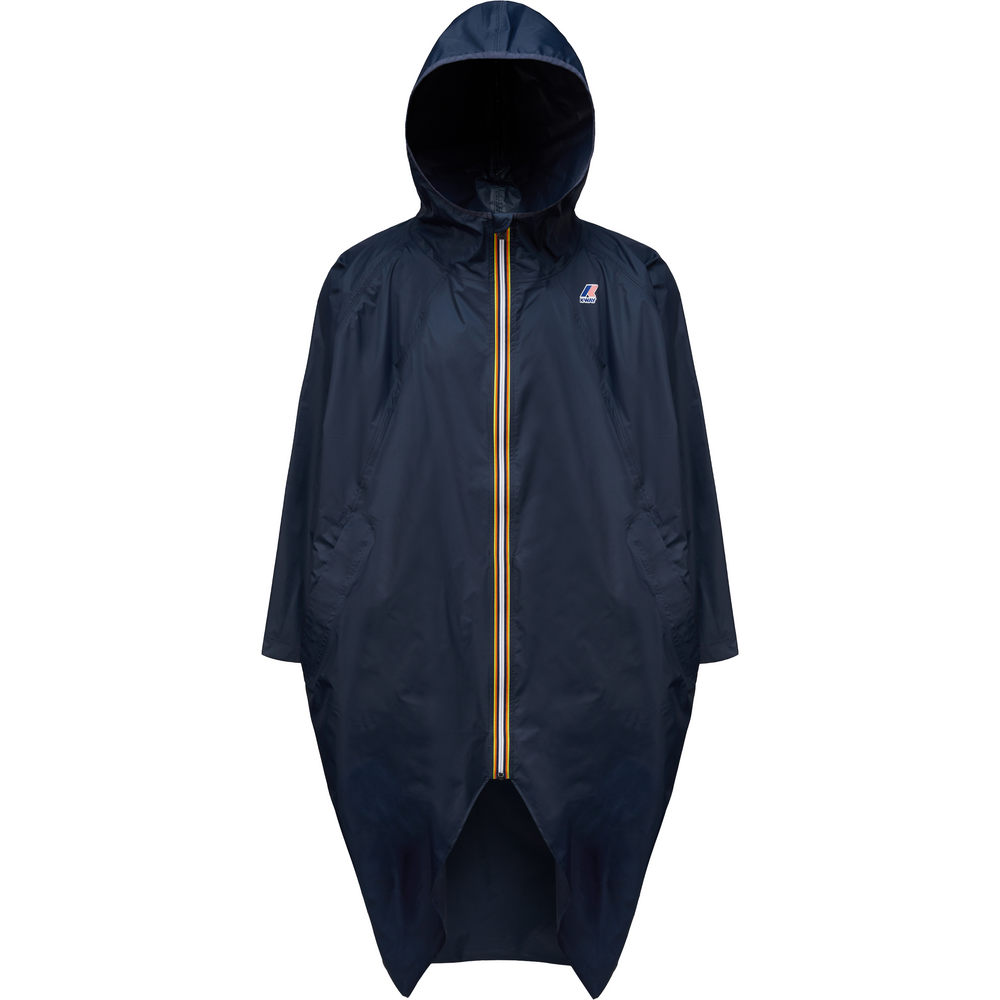 A navy blue, hooded waterproof poncho with a front zipper, featuring two pockets and the logo on the chest. This is the Le Vrai 3.0 Rennes in Blue Depth by K-Way.