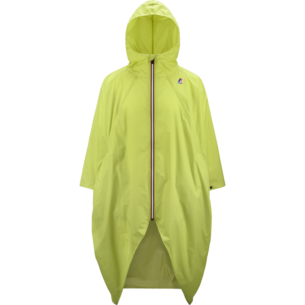 A bright yellow, waterproof poncho with a central front zipper and a small logo on the left chest. This breathable ripstop rainwear features a hood and is perfect for keeping you dry in any downpour. For instance, the Le Vrai 3.0 Rennes, Green Celery from K-Way offers excellent protection and style in wet weather conditions.