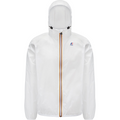 A Le Vrai 3.0 Claude, White hooded, windproof jacket with a front zipper featuring red, white, and blue stripes. The K-Way logo is on the left chest.