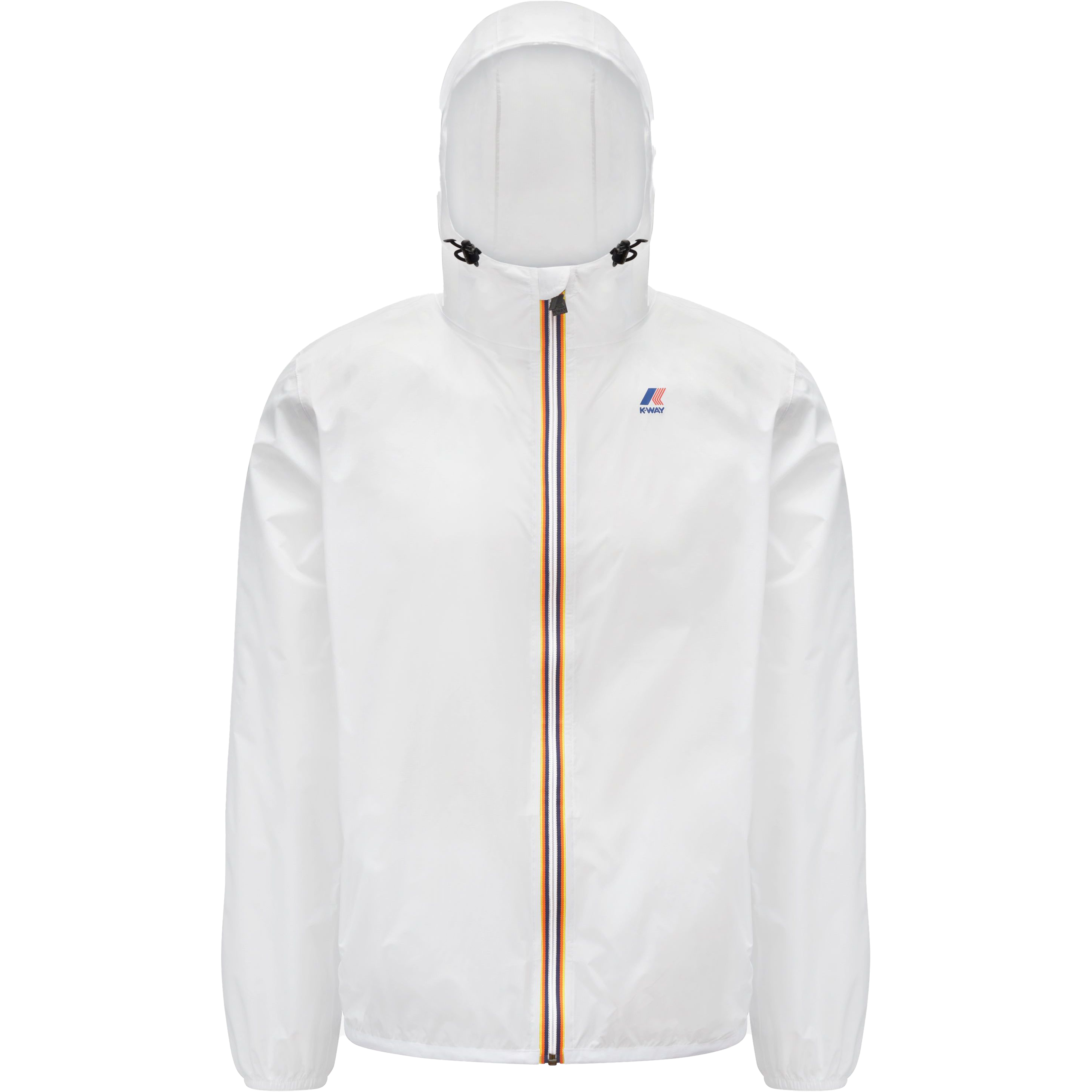 A Le Vrai 3.0 Claude, White hooded, windproof jacket with a front zipper featuring red, white, and blue stripes. The K-Way logo is on the left chest.