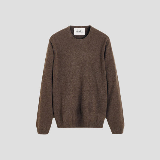 Leonardo Cashmere Sweater by Aiayu, showcasing a rich brown shade, set against a plain white background.