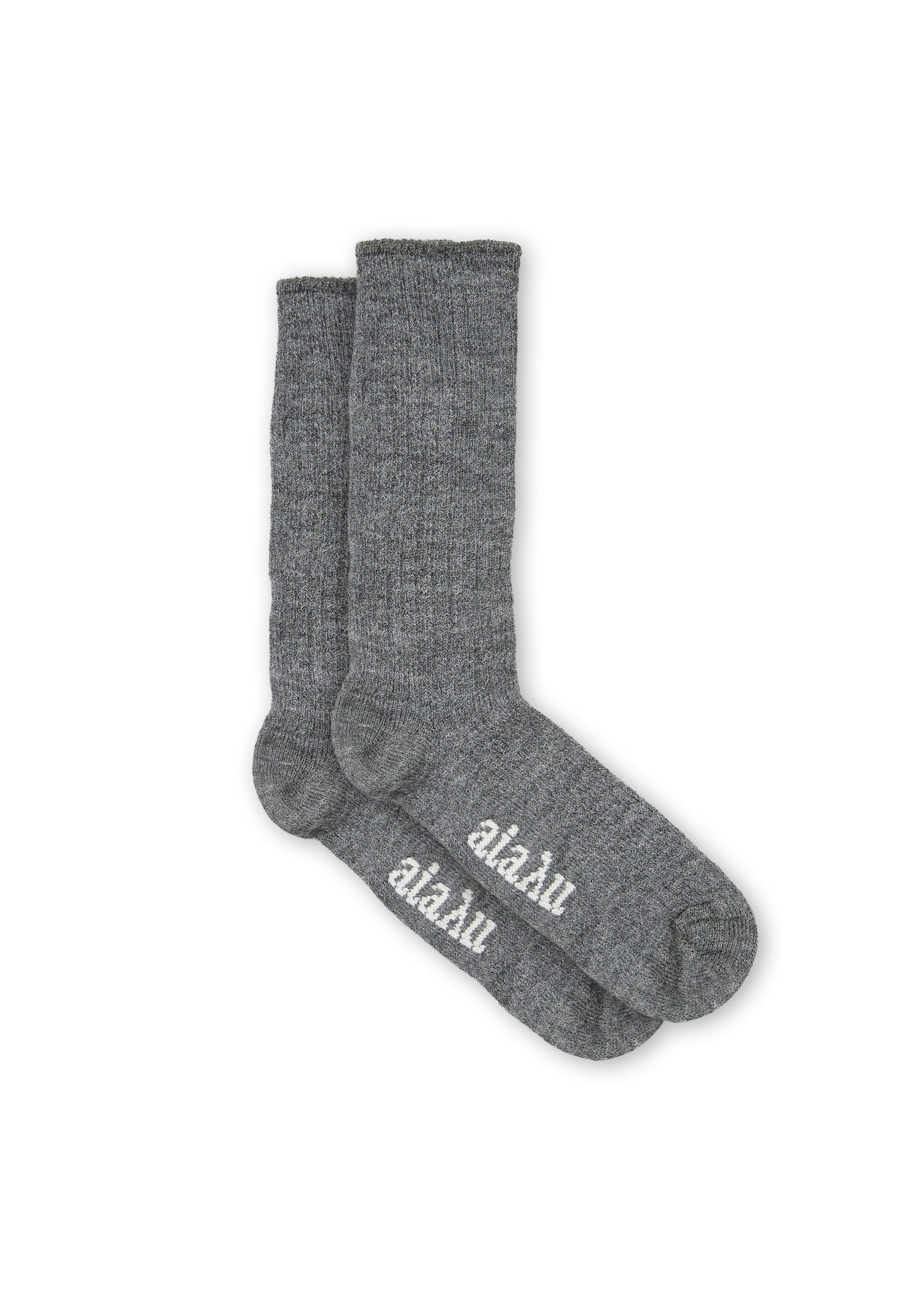 A pair of gray Llama Socks from Aiayu with "Aiayu" written in white text on the soles, photographed on a plain white background.