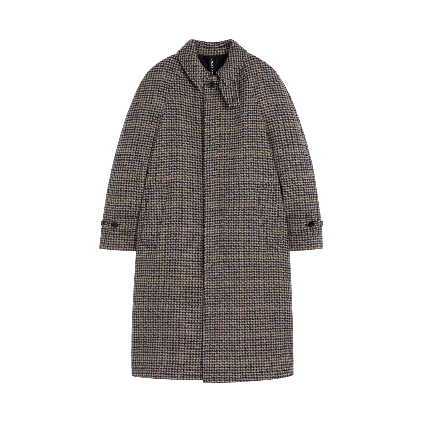 Mackintosh's M Boston Overcoat features a classic collar, buttoned cuffs, and a concealed front button placket in navy check.