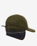 The Lewis Trapper Hat by Barbour is a green cap with a flat brim, adjustable drawstring, and a plaid-patterned ear flap.