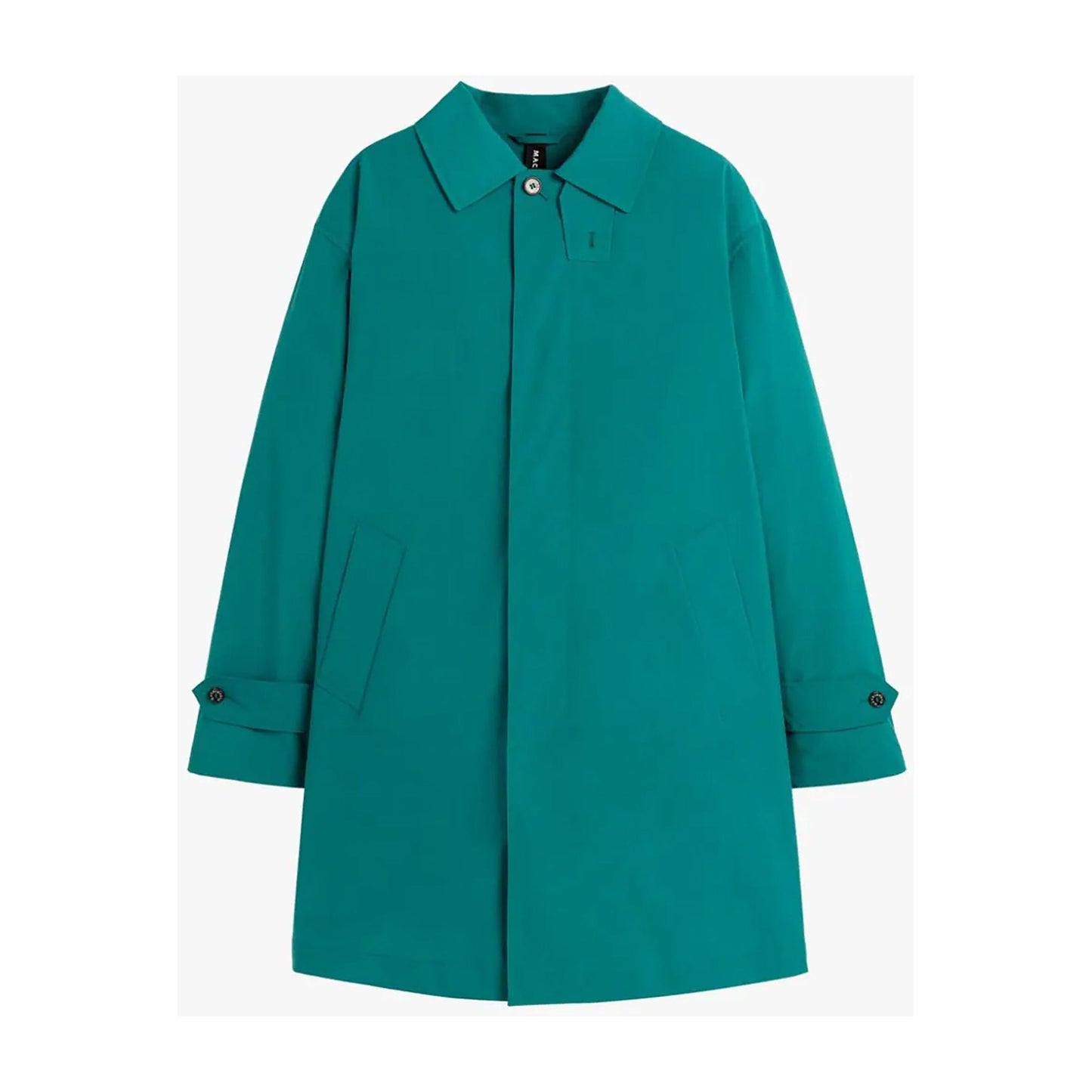 A teal, long-sleeve, button-up M Soho Coat, Teal with a collar and flap pockets on the front. This Mackintosh coat is water-repellent, making it perfect for unpredictable weather.