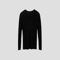 The Aiayu Madigan Ribbed Cashmere LS presents a simple black design with a soft ribbed texture on a light gray backdrop.