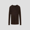 Set against a light gray backdrop, the Aiayu Madigan Ribbed Cashmere LS sweater exudes sophistication with its plain, dark brown hue and ribbed texture.