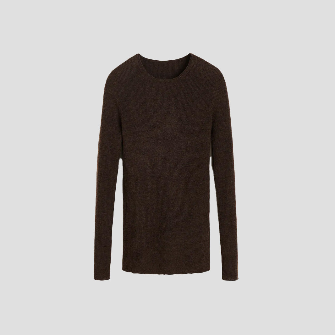 Set against a light gray backdrop, the Aiayu Madigan Ribbed Cashmere LS sweater exudes sophistication with its plain, dark brown hue and ribbed texture.