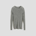 An Aiayu Madigan Ribbed Cashmere LS in gray, featuring a ribbed texture, is laid flat on a light gray background.