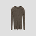 A brown Aiayu Madigan Ribbed Cashmere LS sweater with long sleeves is set against a plain background, highlighting its luxurious cashmere and linen blend and distinctive ribbed texture.