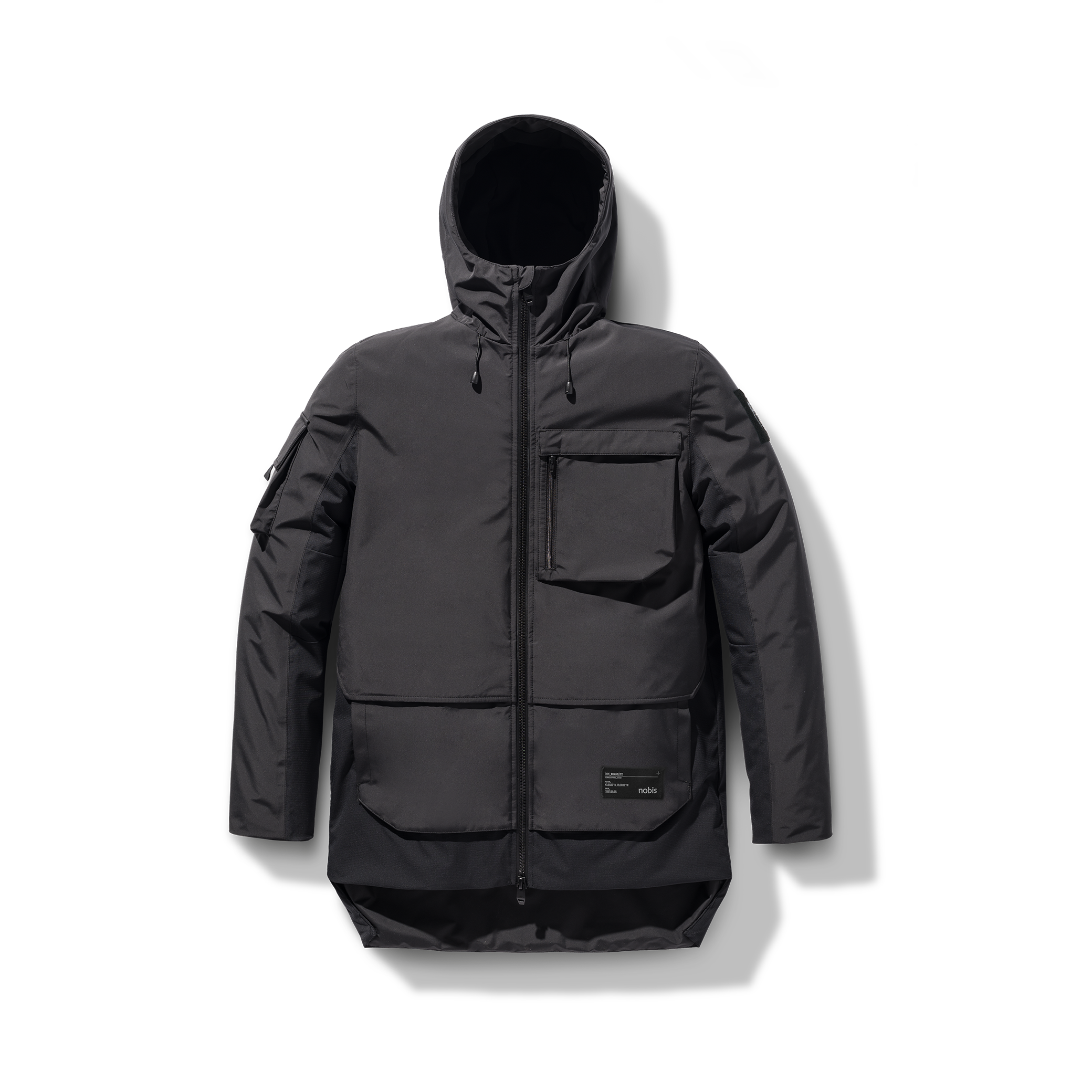 The Alta Men's Performance Shell Jacket by Nobis is a black hooded jacket with a front zipper, chest and arm pockets, straight hem, bottom tag, and crafted with durable water repellent technology for enhanced protection against the elements.