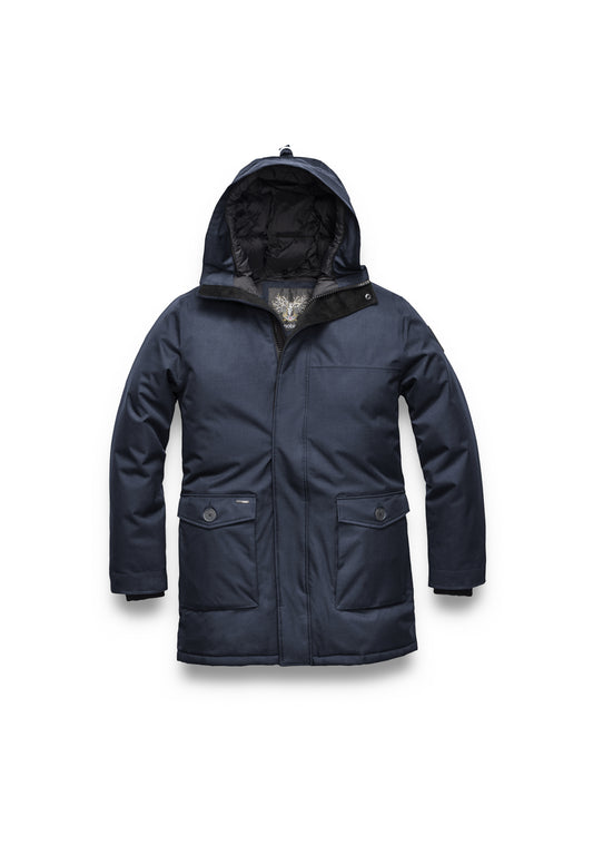 The Nobis Yves Men's Parka, a stylish navy blue jacket with a hood, front zipper, and two buttoned pockets, is perfect for winter conditions and is displayed against a white background.