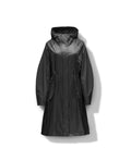 The Reyna Women's Packable Long Shell Jacket by Nobis is a stylish and functional long, black raincoat with a hood and adjustable waist, displayed against a plain white background. It features a DWR coating to enhance weather resistance.