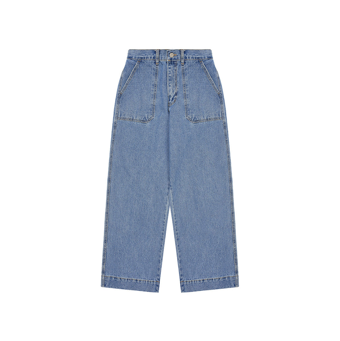 The Kappy One Tuck Wide Fatigue Denim Pants, in unisex blue, feature a high-waisted wide-leg design. Made from cotton with front pockets and a button-zipper closure, these versatile pants come in a one-size-fits-most style and are displayed on a white background.