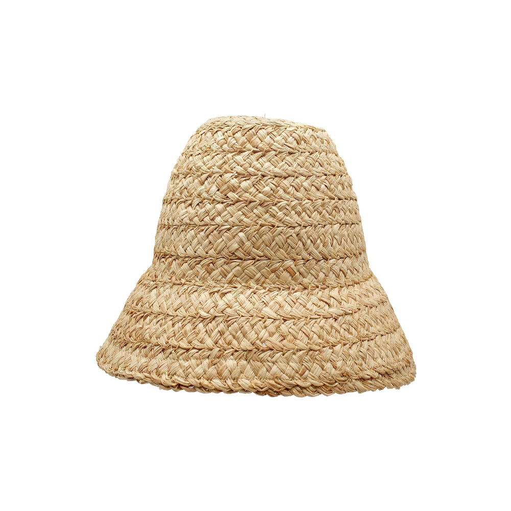 A beige woven straw hat with a wide brim offers excellent sun protection and features a natural raffia braid. This is the Petit Nap Hat, Natural from Lola Hats.