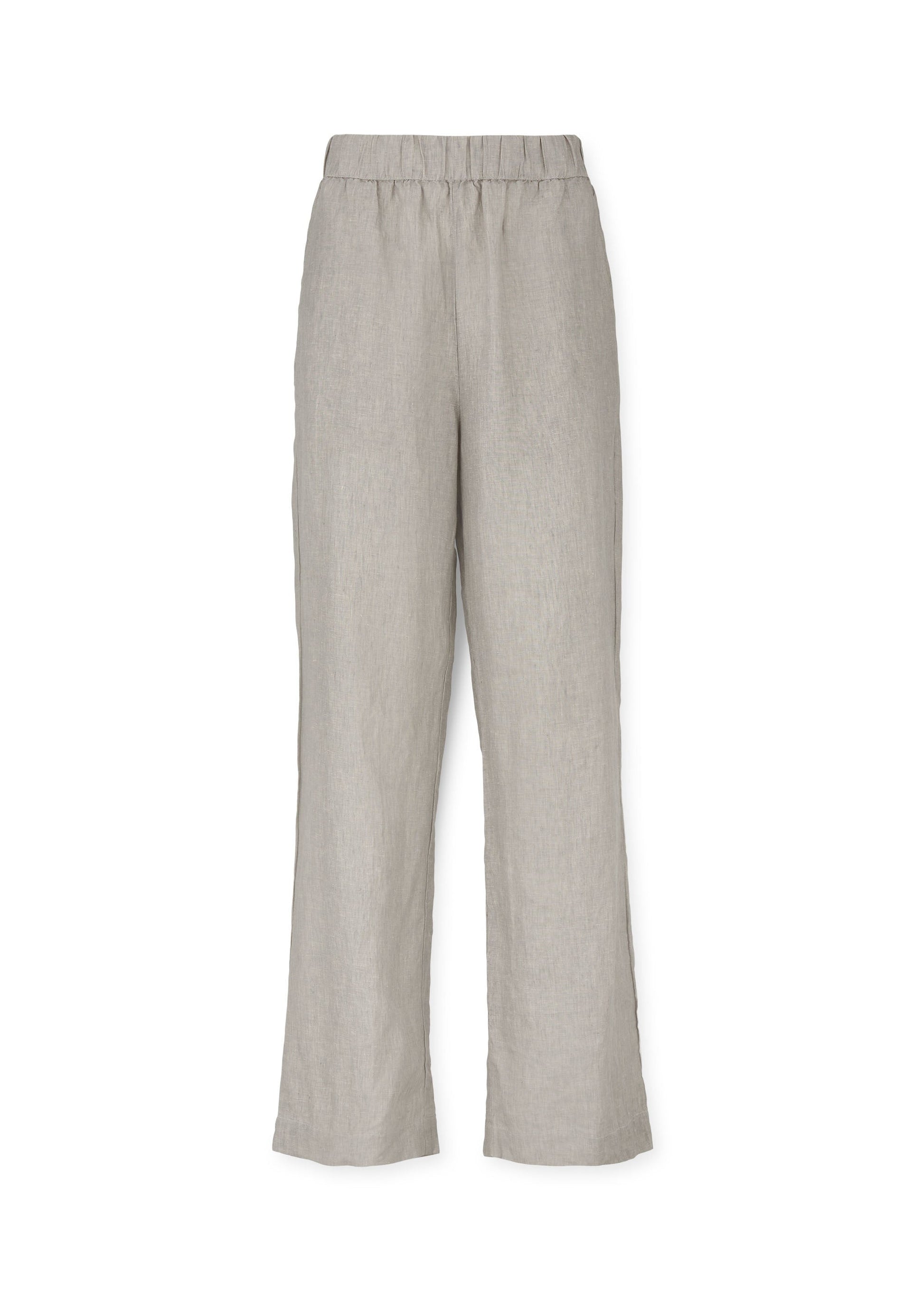 A pair of Phillipa Pant trousers in light gray, made from European linen with a straight-leg cut and a drawstring elastic waistband, by Aiayu.