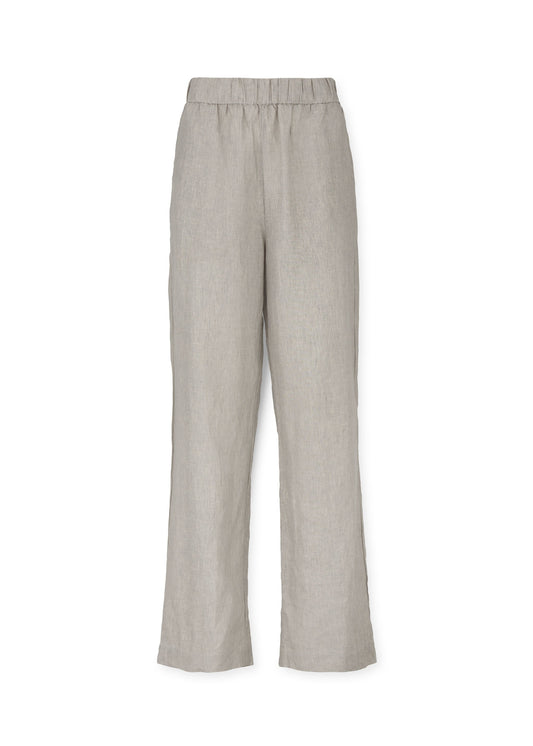 A pair of Phillipa Pant trousers in light gray, made from European linen with a straight-leg cut and a drawstring elastic waistband, by Aiayu.