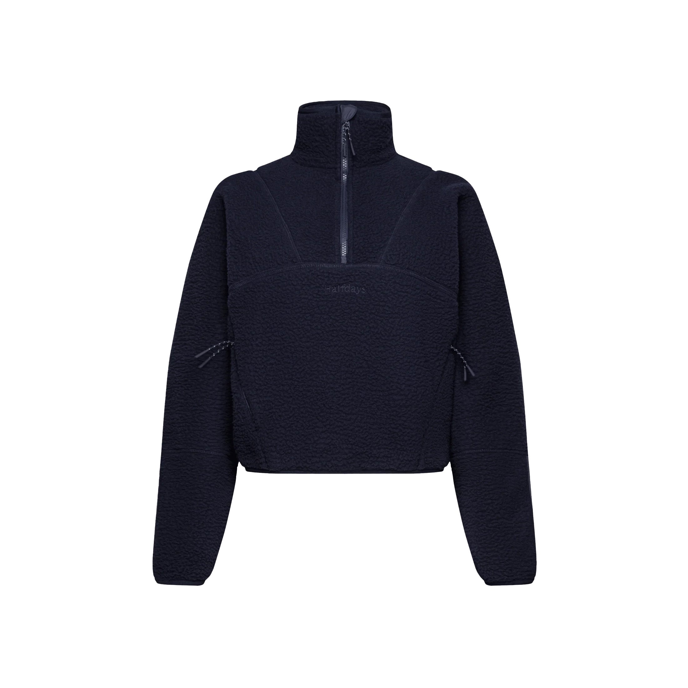 The Pieper Fleece by Halfdays, in black Sherpa, includes a quarter-zip, high collar, and two side drawstrings, ensuring performance durability for any adventure.