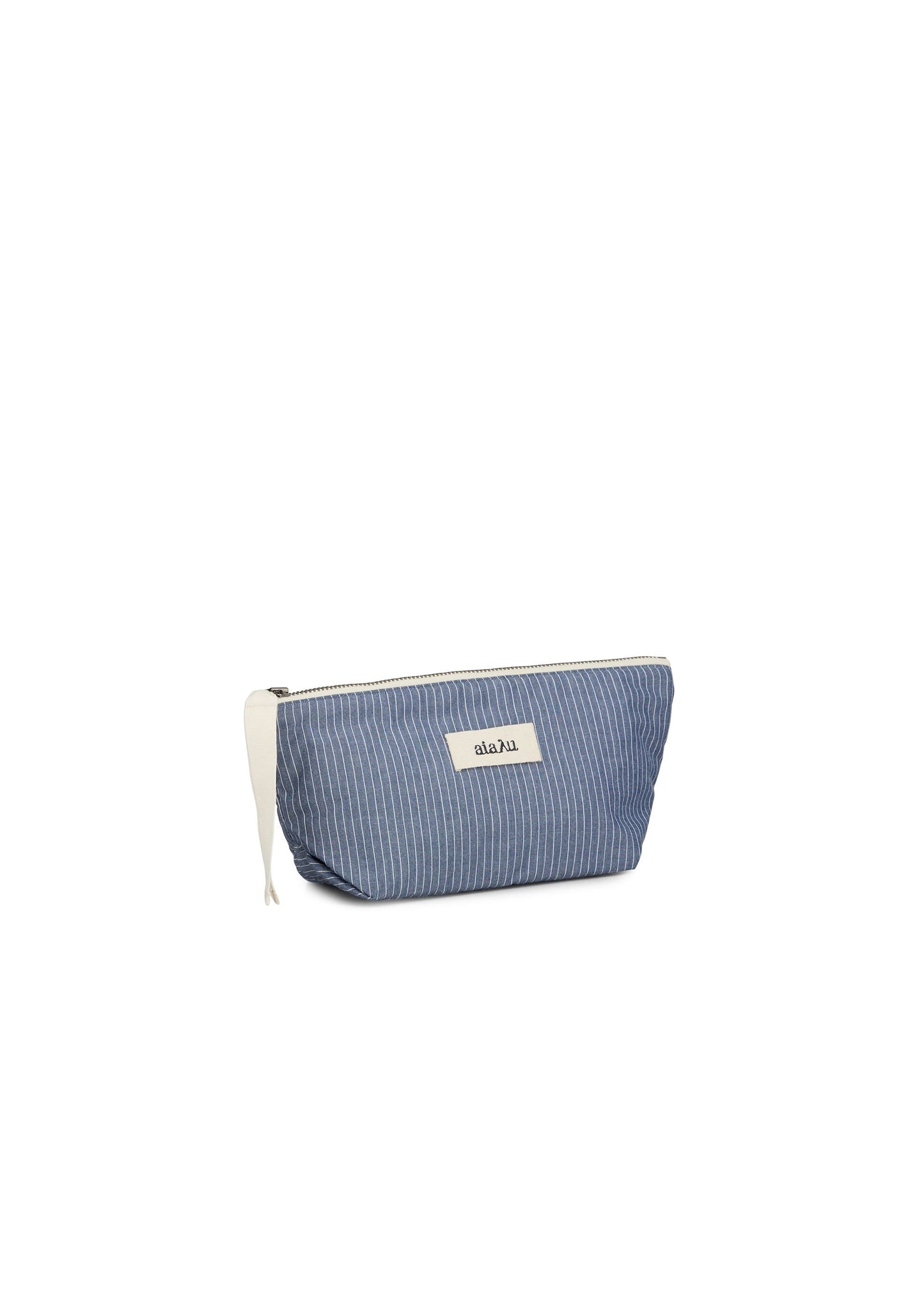 Aiayu's Letto Pouch Mini is a blue and white striped zippered pouch, featuring a classic stripe pattern and a white label on one side, perfect for your travel essentials.