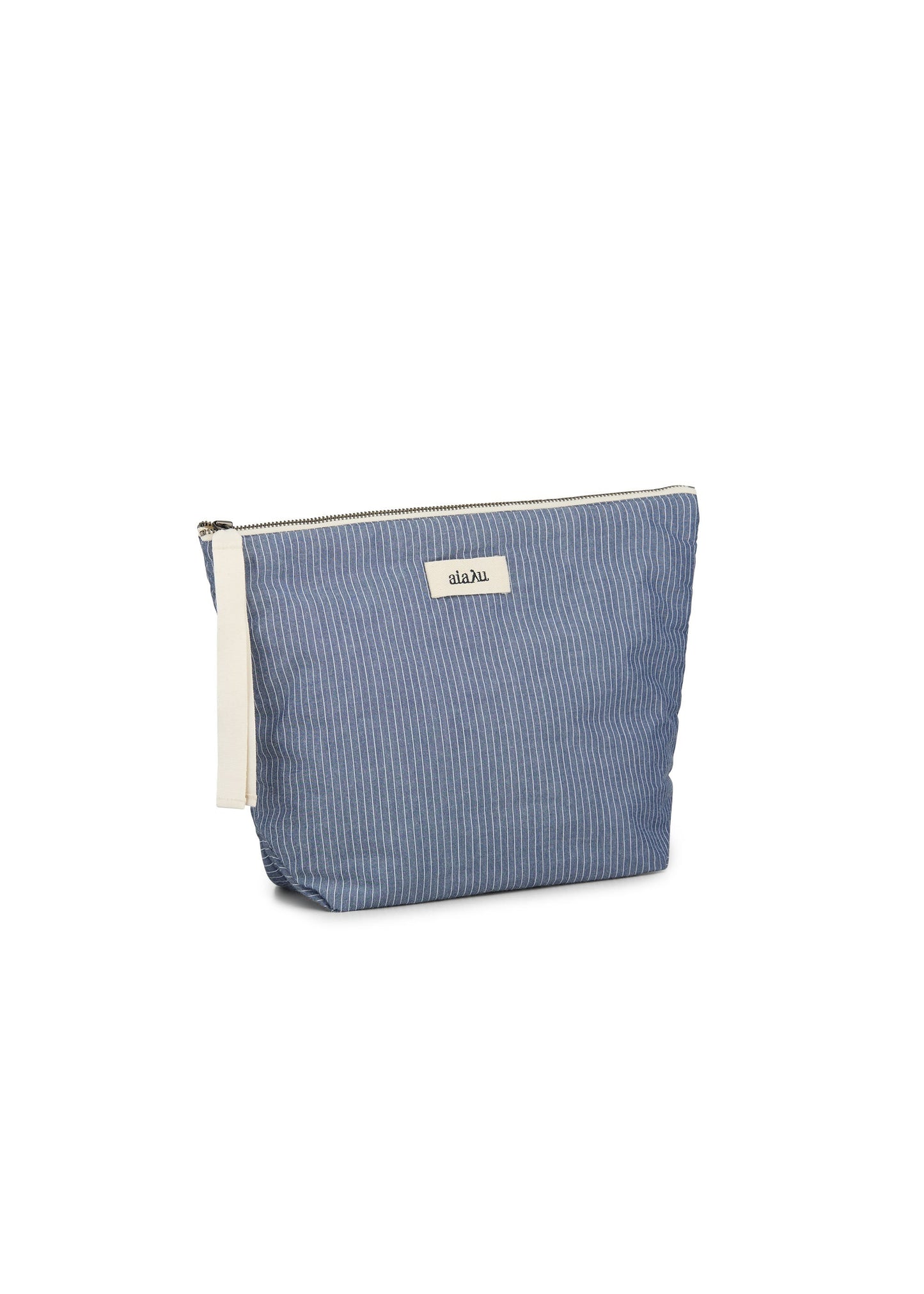 The Letto Pouch by Aiayu is a blue and white striped fabric pouch with a convenient zip closure, crafted from certified organic cotton, and features a small white label on the upper front.