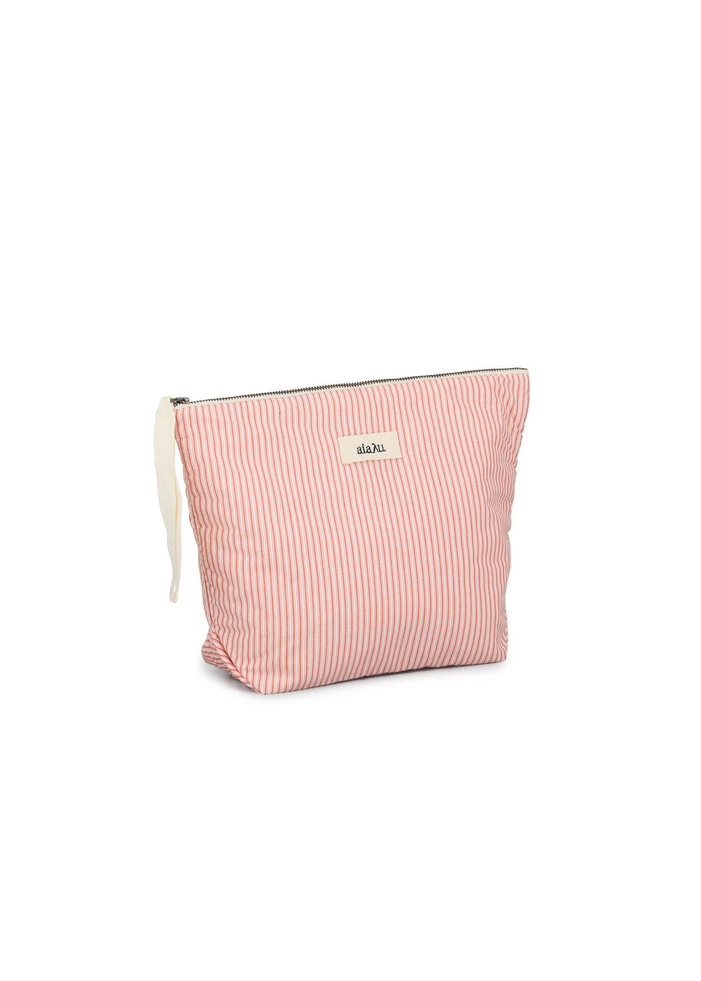 A pink and white striped travel essentials pouch with a zipper and a white wrist strap, featuring the brand name "Aiayu" displayed on a small label on the front, making it your perfect organic cotton Letto Pouch for all your needs.