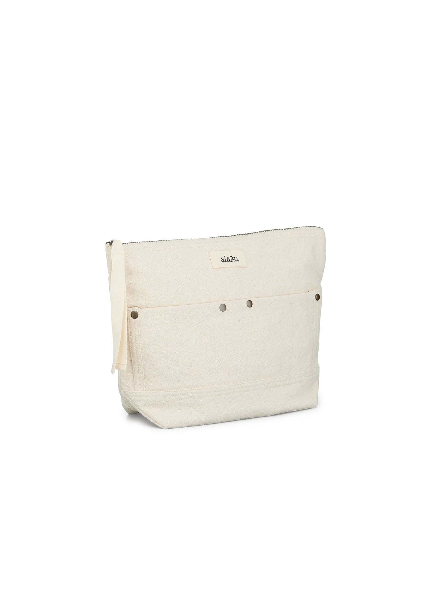 The Canvas Pouch Pocket by Aiayu is a beige canvas pouch with a zippered top and front buttoned pocket, featuring a small embroidered brand logo.