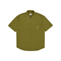 The Kappy Relaxed Cotton Half Shirt is olive green with short sleeves, a collar, a chest pocket, and features a small embroidered logo on the pocket.