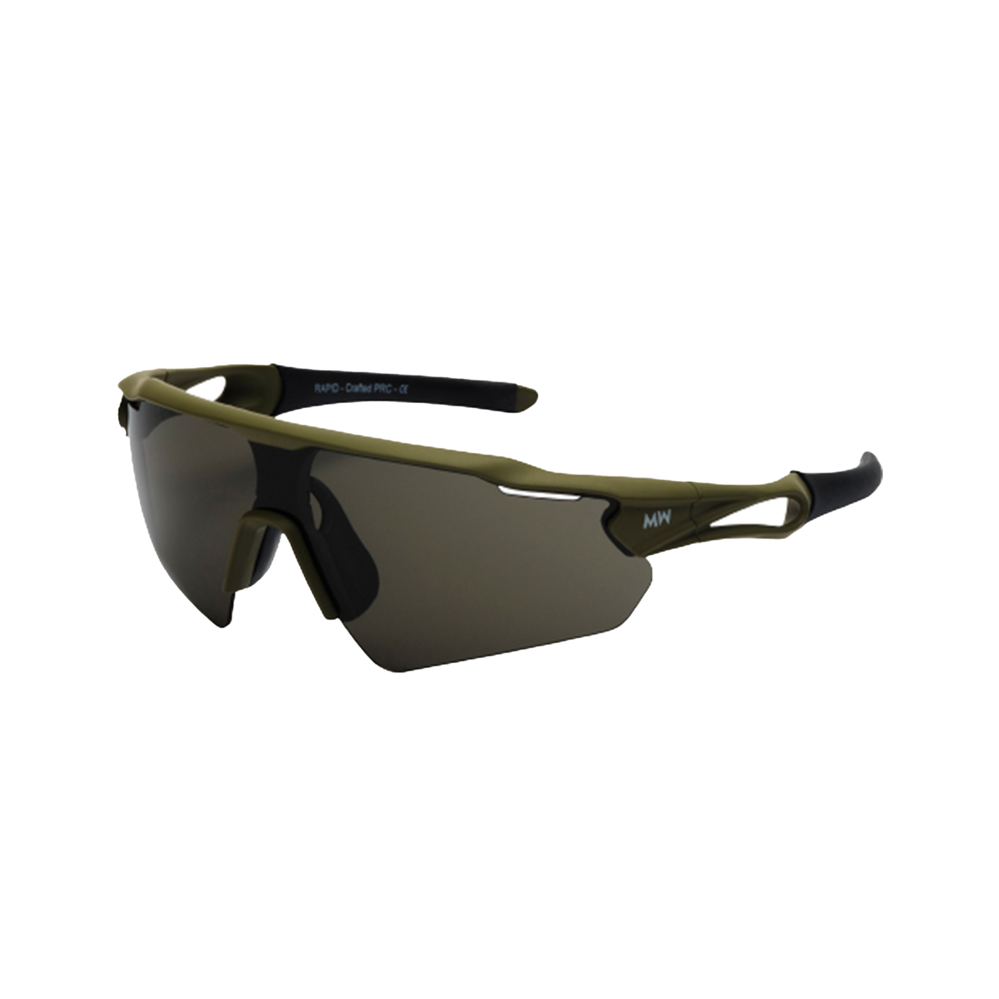 Messyweekend's Rapid sunglasses feature an olive green, lightweight frame with dark lenses, black accents on the arms and nose bridge for a sleek unisex look, and offer UV protection.