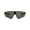 The "Rapid, Army/Grey" sunglasses by Messyweekend are sporty and unisex with dark rectangular lenses and a green, lightweight frame offering superior UV protection when viewed from the front.