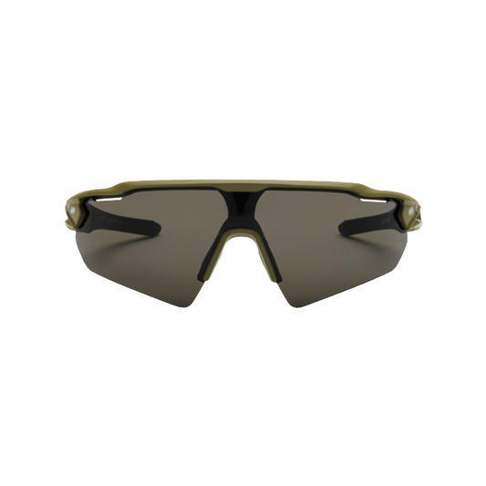 The "Rapid, Army/Grey" sunglasses by Messyweekend are sporty and unisex with dark rectangular lenses and a green, lightweight frame offering superior UV protection when viewed from the front.