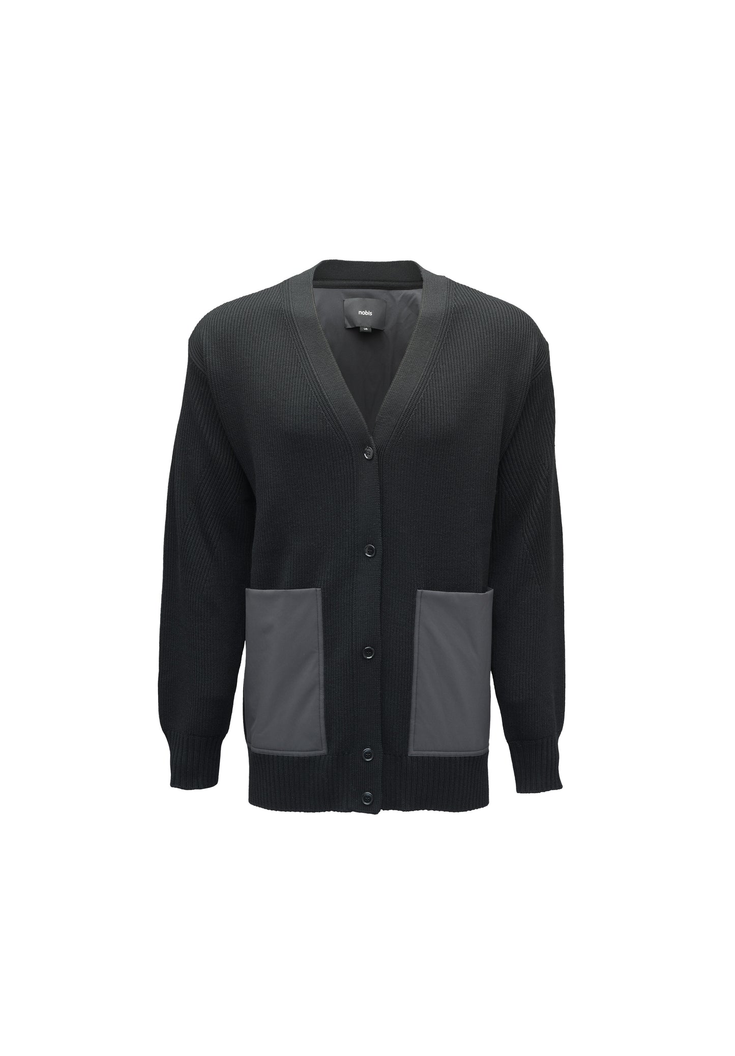 Introducing the Riga Tailored Button Front Cardigan by Nobis, an elegant black cardigan made from 100% virgin extra fine merino wool. It features a V-neck, front buttons, and two grey pockets. Known for its durability, this sophisticated piece seamlessly blends style with practicality in every detail.