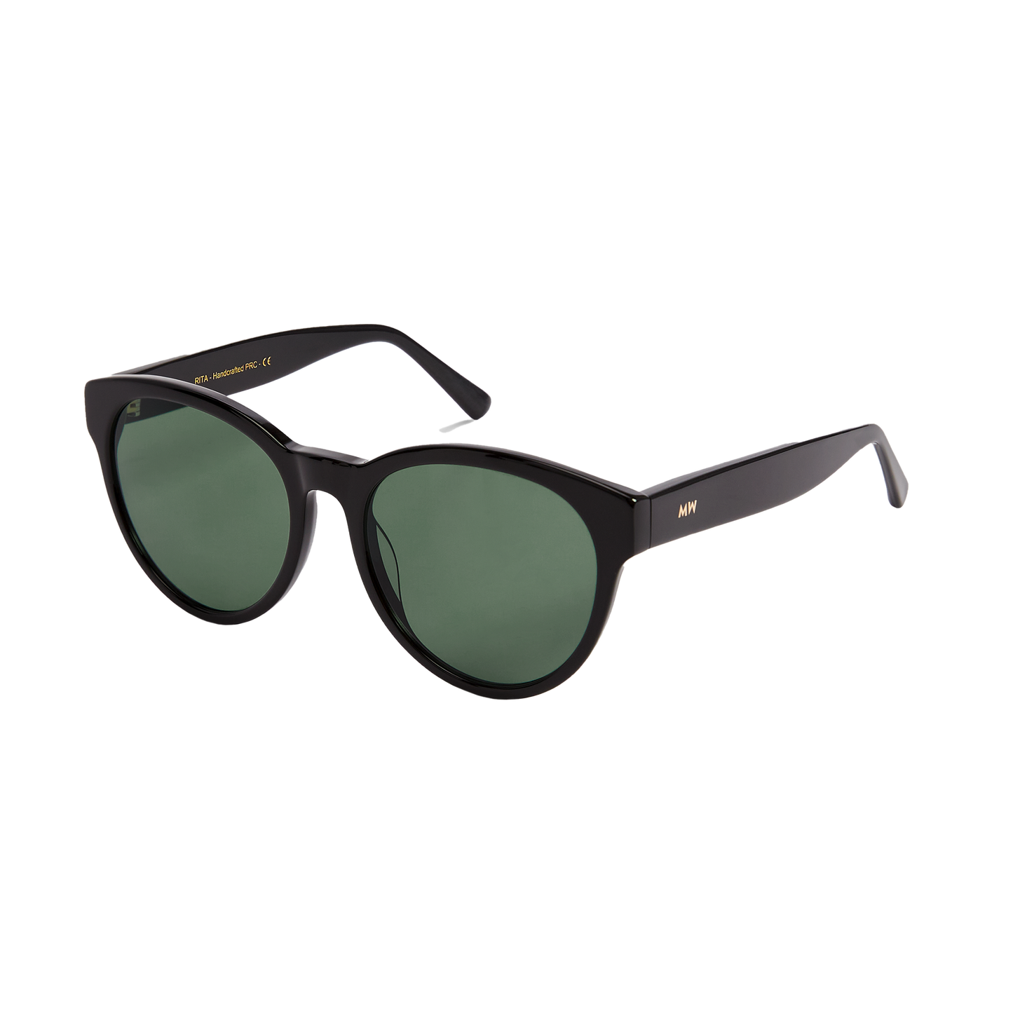 Messyweekend's Rita sunglasses offer a stylish unisex acetate frame in black, dark green lenses with "MW" initials on the temple, and UV400 protection for sun safety.