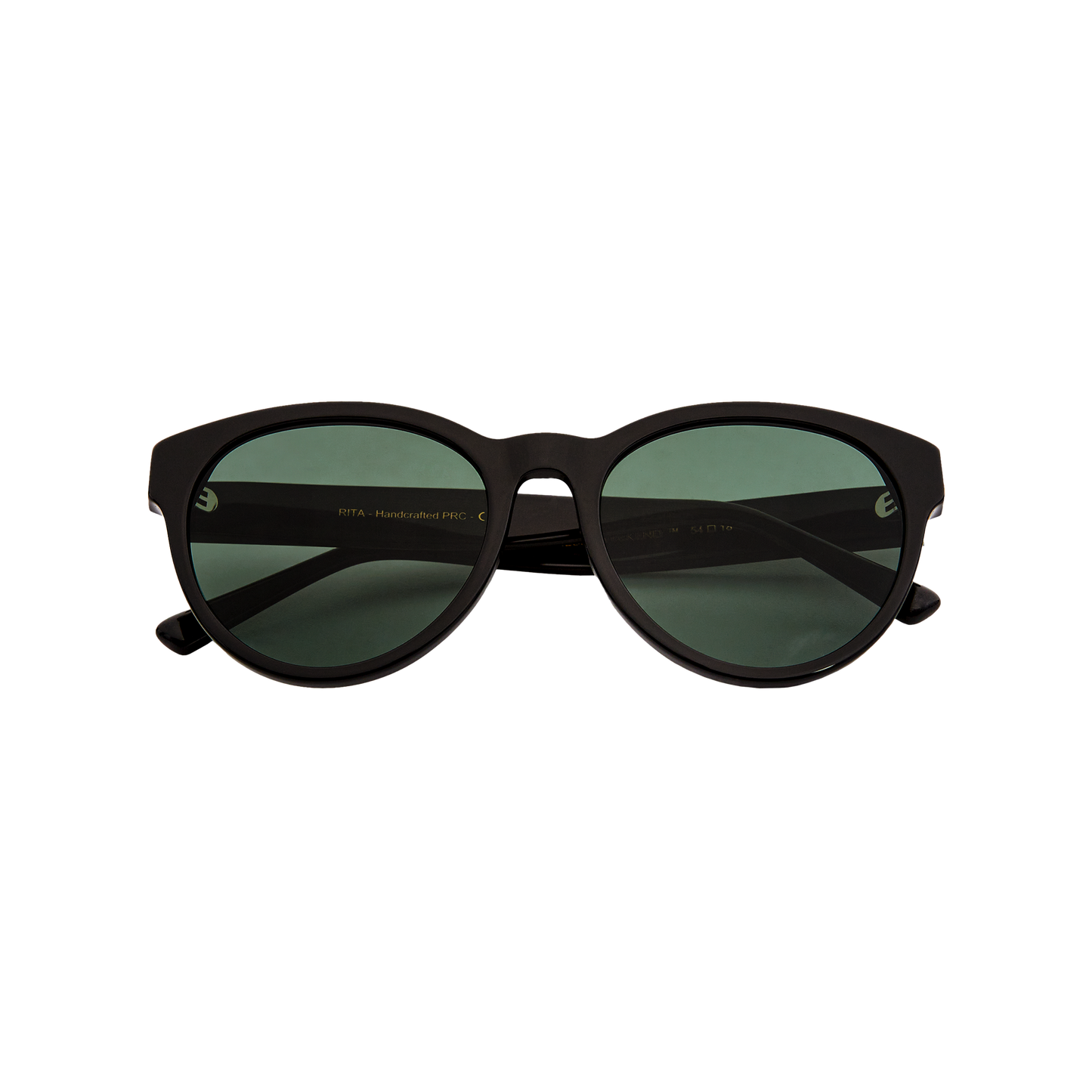 The Messyweekend Rita sunglasses feature a sleek acetate frame in black with green accents and round UV400 protective lenses, elegantly displayed on a transparent background.