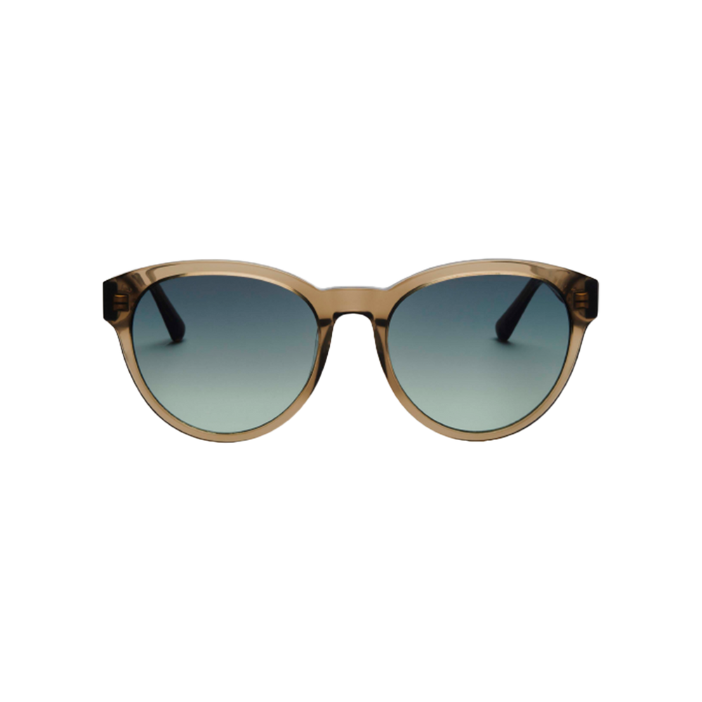 Unisex Rita sunglasses by Messyweekend featuring a brown translucent acetate frame and dark gradient lenses offer UV400 protection. Pictured front-on against a white background, these stylish round sunglasses seamlessly blend fashion with practicality.